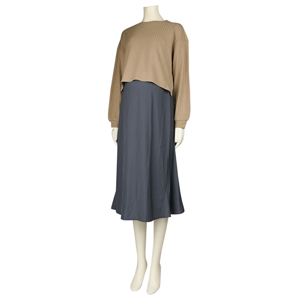 再値下!!【SALE】長袖サテンドッキングワンピース　ベージュ ベージュ M