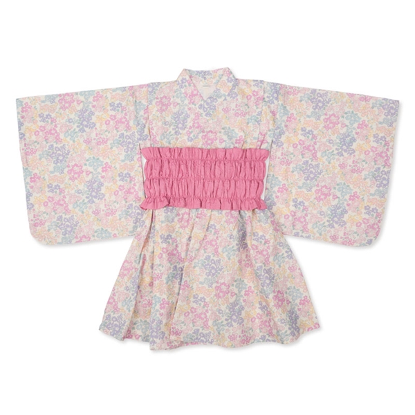 [ベビー]帯付ベビー浴衣ワンピース　リバティ花 パープル 80cm