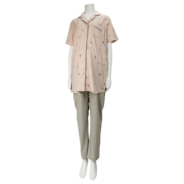 【SALE】[授乳口付き]ママとお腹の赤ちゃんにやさしい半袖パジャマ　アイス　ベージュ ベージュ L~LL