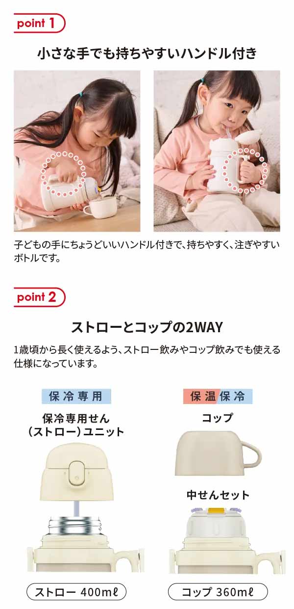 point1：小さな手でも持ちやすいハンドル付き 子どもの手にちょうどいいハンドル付きで、持ちやすく、注ぎやすいボトルです。 point2：ストローとコップの2WAY 1歳頃から長く使えるよう、ストロー飲みやコップ飲みでも使える仕様になっています。