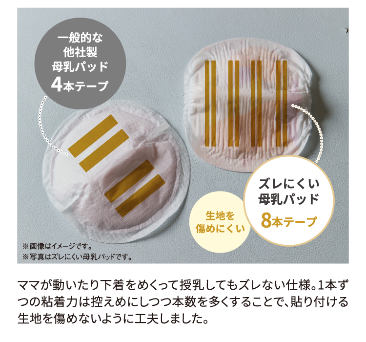 一般的な他社製母乳パッドは4本テープ。　ズレにくい母乳パッドは8本テープなので生地を傷めにくい。　※画像はイメージです。※写真はズレにくい母乳パッドです。 ママが動いたり下着をめくって授乳してもズレない仕様。1本ずつの粘着力は控えめにしつつ本数を多くすることで、貼り付ける生地を傷めないように工夫しました。
