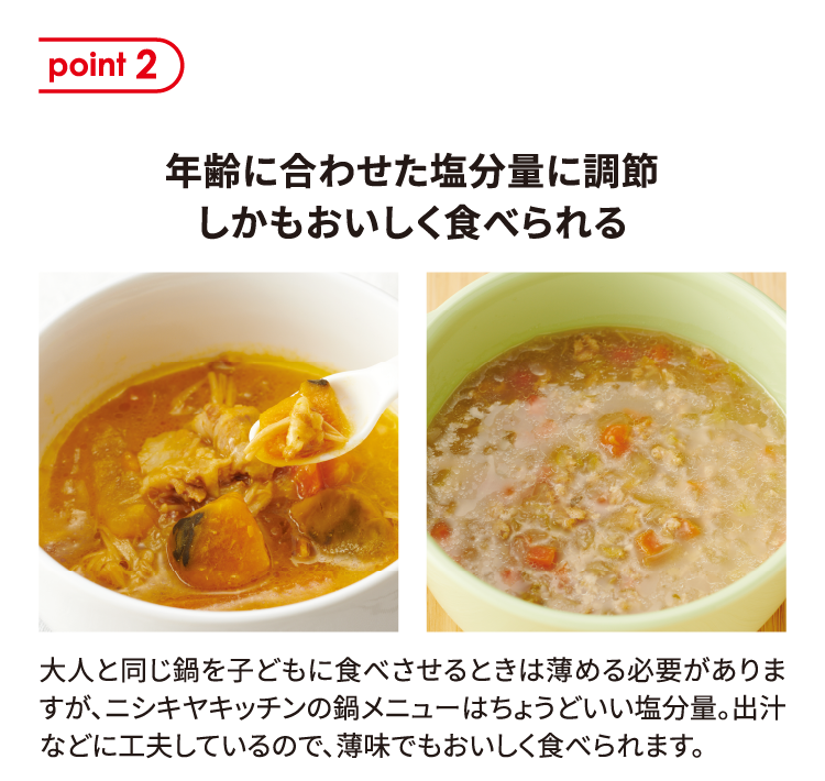 ポイント2 年齢に合わせた塩分量に調節 しかもおいしく食べられる 大人と同じ鍋を子どもに食べさせるときは薄める必要がありますが、ニシキヤキッチンの鍋メニューはちょうどいい塩分量。出汁などに工夫しているので、薄味でもおいしく食べられます。