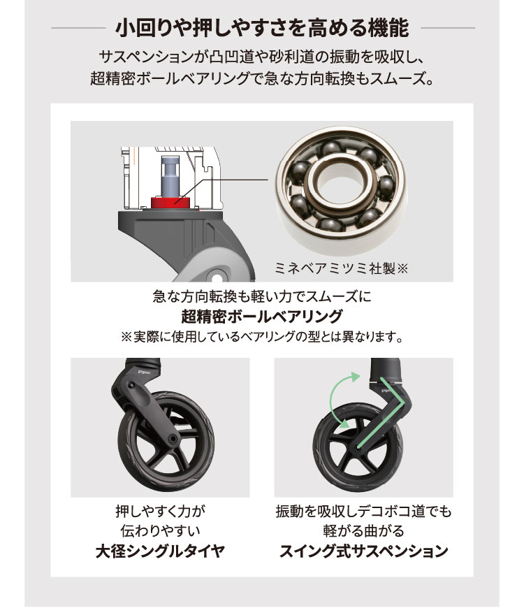 小回りや押しやすさを高める機能：サスペンションが凸凹道や砂利道の振動を吸収し、超精密ボールベアリングで急な方向転換もスムーズ。急な方向転換も軽い力でスムーズに超精密ボールベアリング 押しやすく力が伝わりやすい大径シングルタイヤ 振動を吸収しデコボコ道でも軽がる曲がるスイング式サスペンション